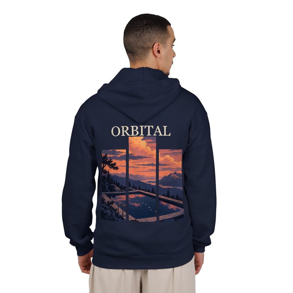 A Different Sky Zip Hoodie in Navy, worn by a man seen from behind in a plain white studio, showing the large print on the back. Digital product mockup.