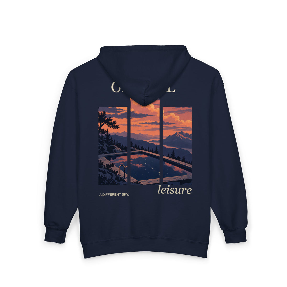A Different Sky Zip Hoodie in Navy, back view with the large illustrated print. Digital product mockup.