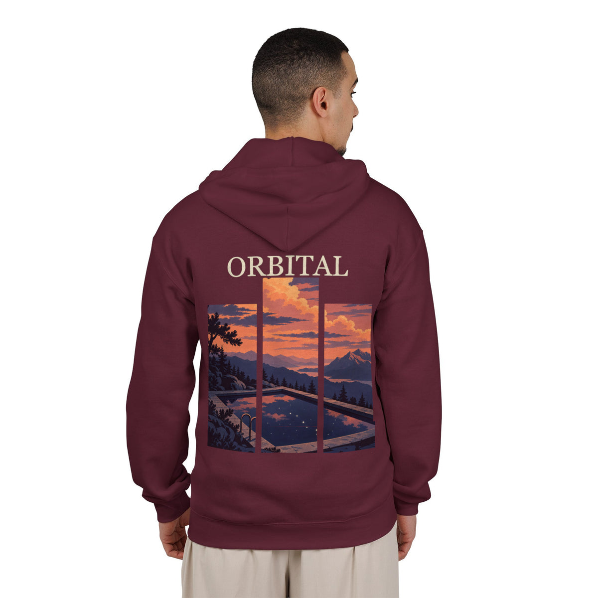 A Different Sky Zip Hoodie in Maroon, worn by a man seen from behind in a plain white studio, showing the large print on the back. Digital product mockup.