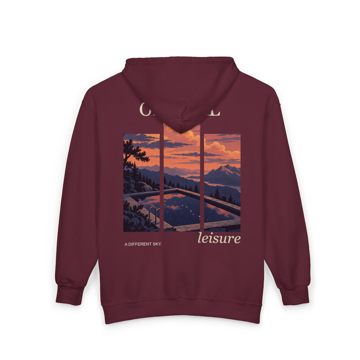 A Different Sky Zip Hoodie in Maroon, back view with the large illustrated print. Digital product mockup.