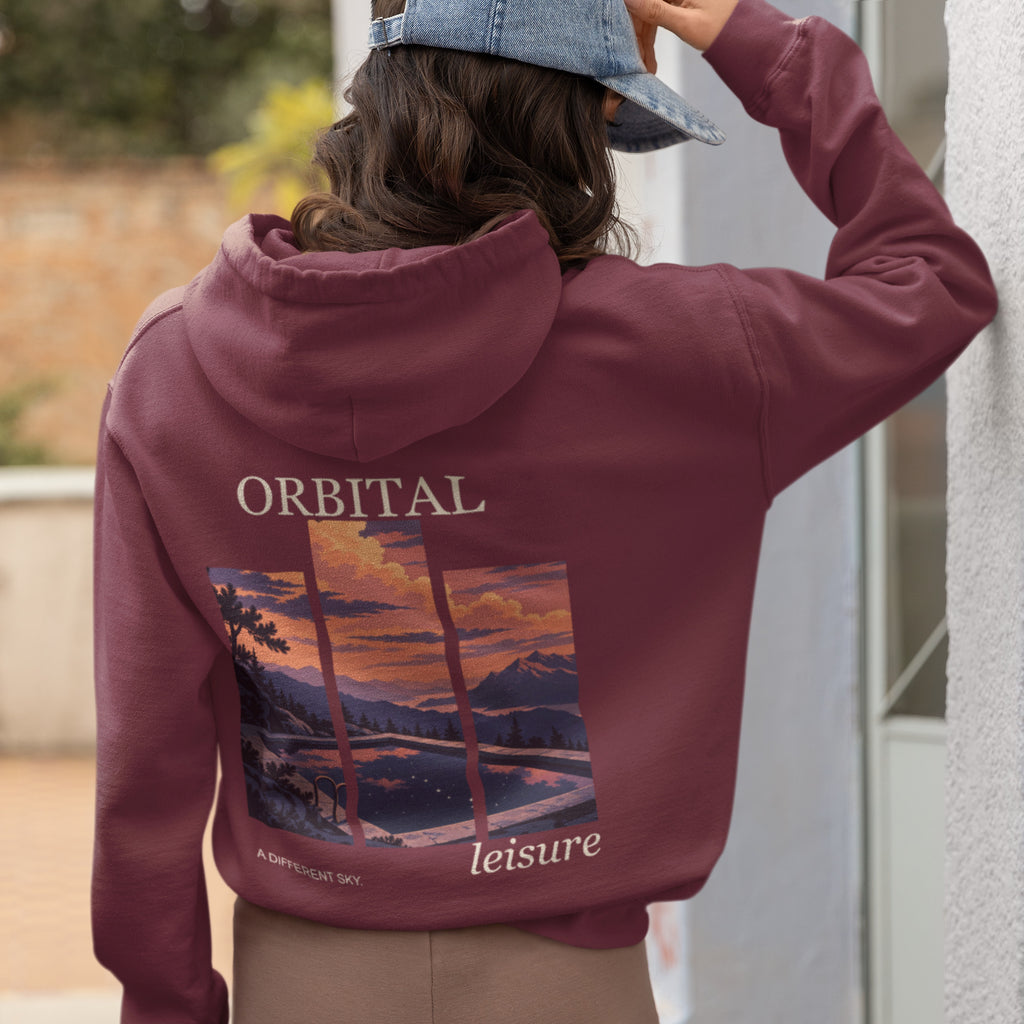 A Different Sky Zip Hoodie in Maroon, worn by a woman seen from behind at home, showing the large print on the back. Digital product mockup.