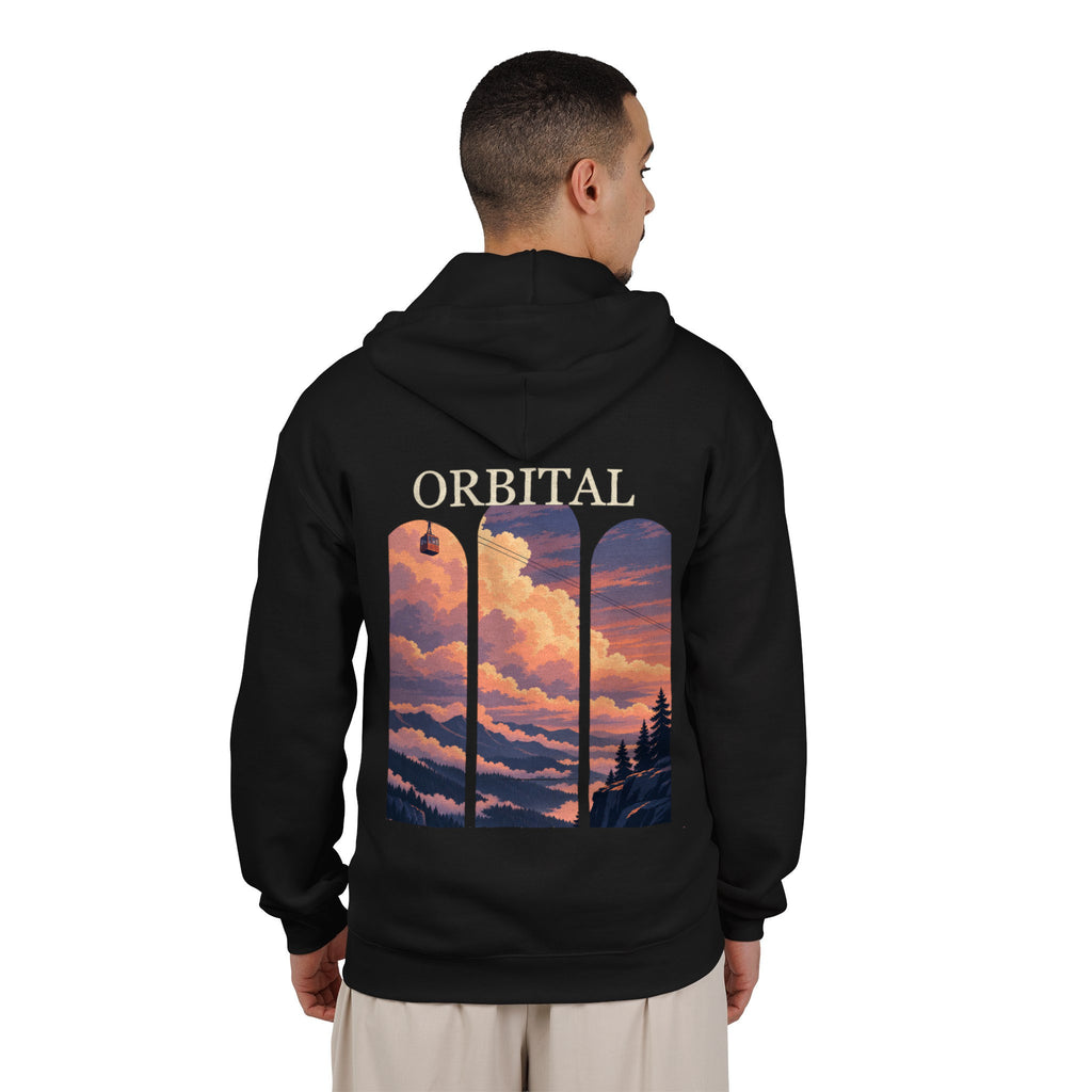 Cloud Ferry Zip Hoodie in Black, worn by a man seen from behind in a plain white studio, showing the large print on the back. Digital product mockup.