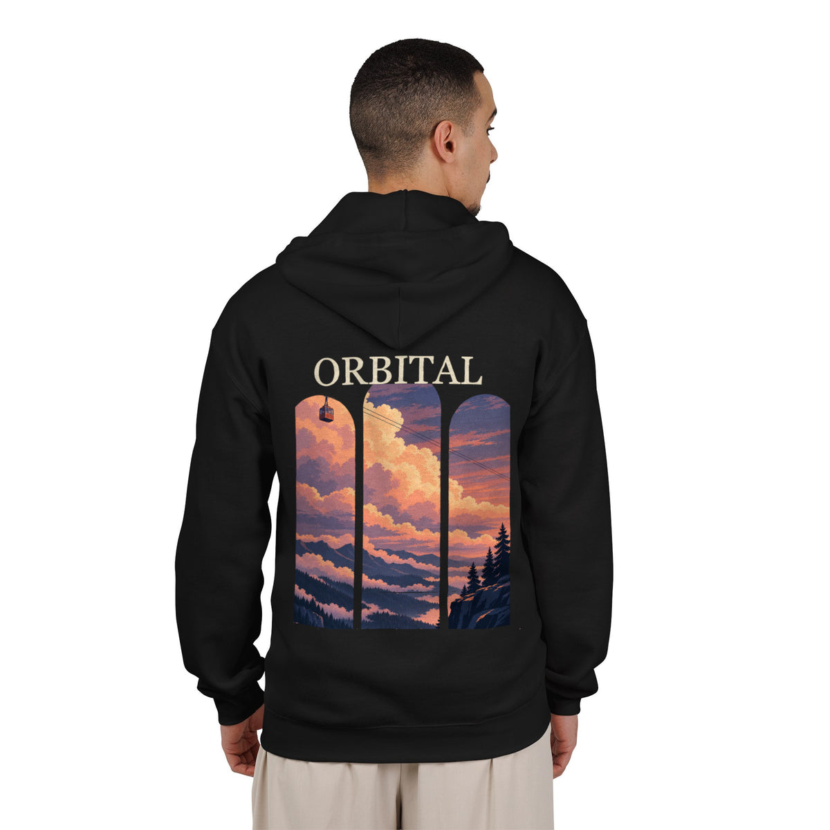 Cloud Ferry Zip Hoodie in Black, worn by a man seen from behind in a plain white studio, showing the large print on the back. Digital product mockup.