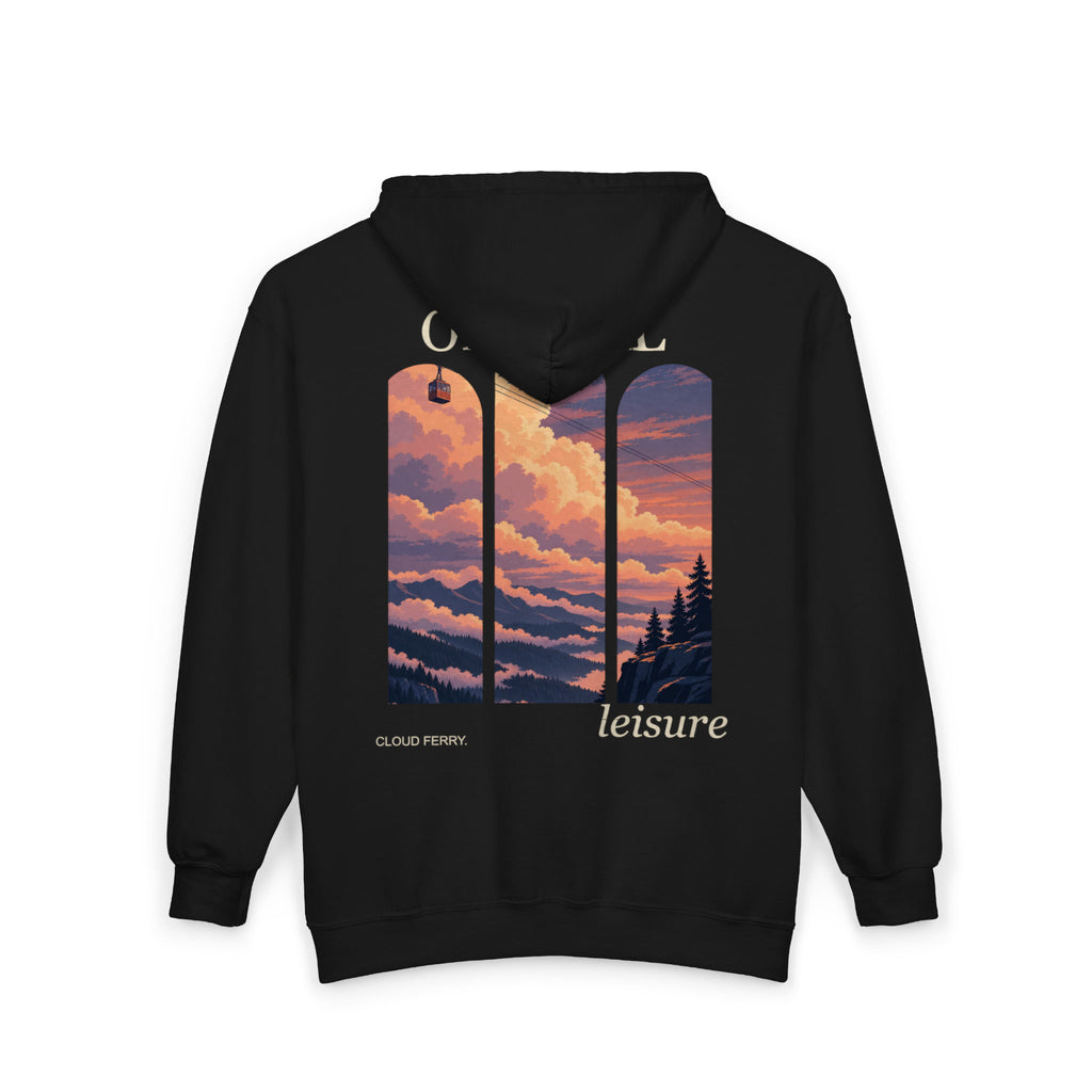 Cloud Ferry Zip Hoodie in Black, back view with the large illustrated print. Digital product mockup.