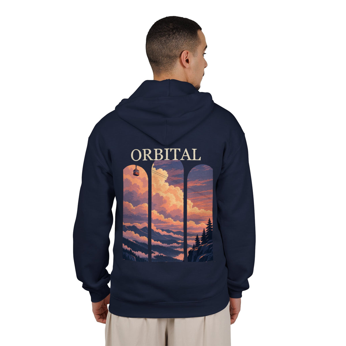 Cloud Ferry Zip Hoodie in Navy, worn by a man seen from behind in a plain white studio, showing the large print on the back. Digital product mockup.