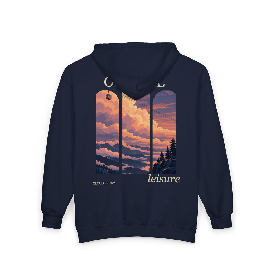 Cloud Ferry Zip Hoodie in Navy, back view with the large illustrated print. Digital product mockup.