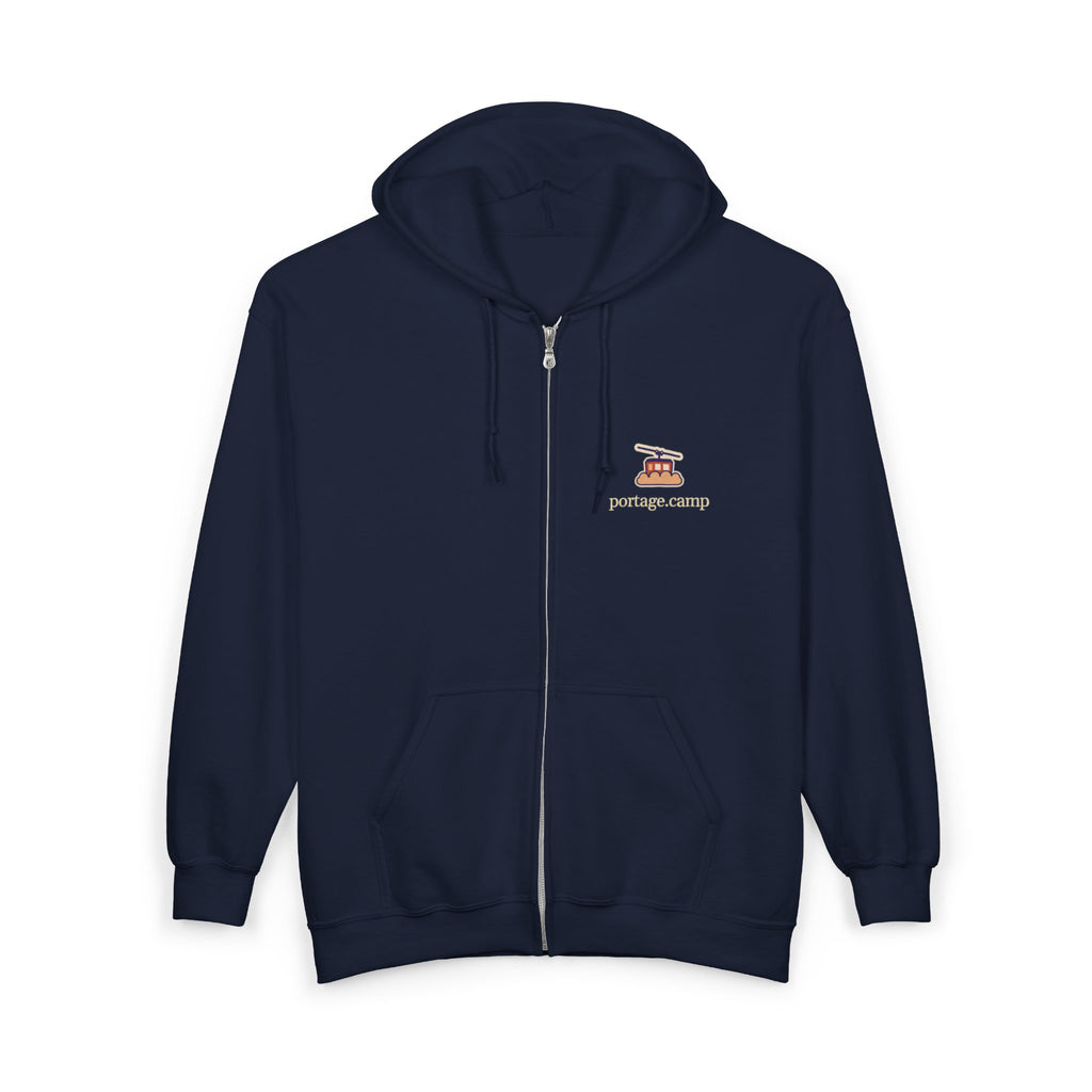 Cloud Ferry Zip Hoodie in Navy, front view with the Cloud Ferry logo and portage.camp on the left chest. Digital product mockup.