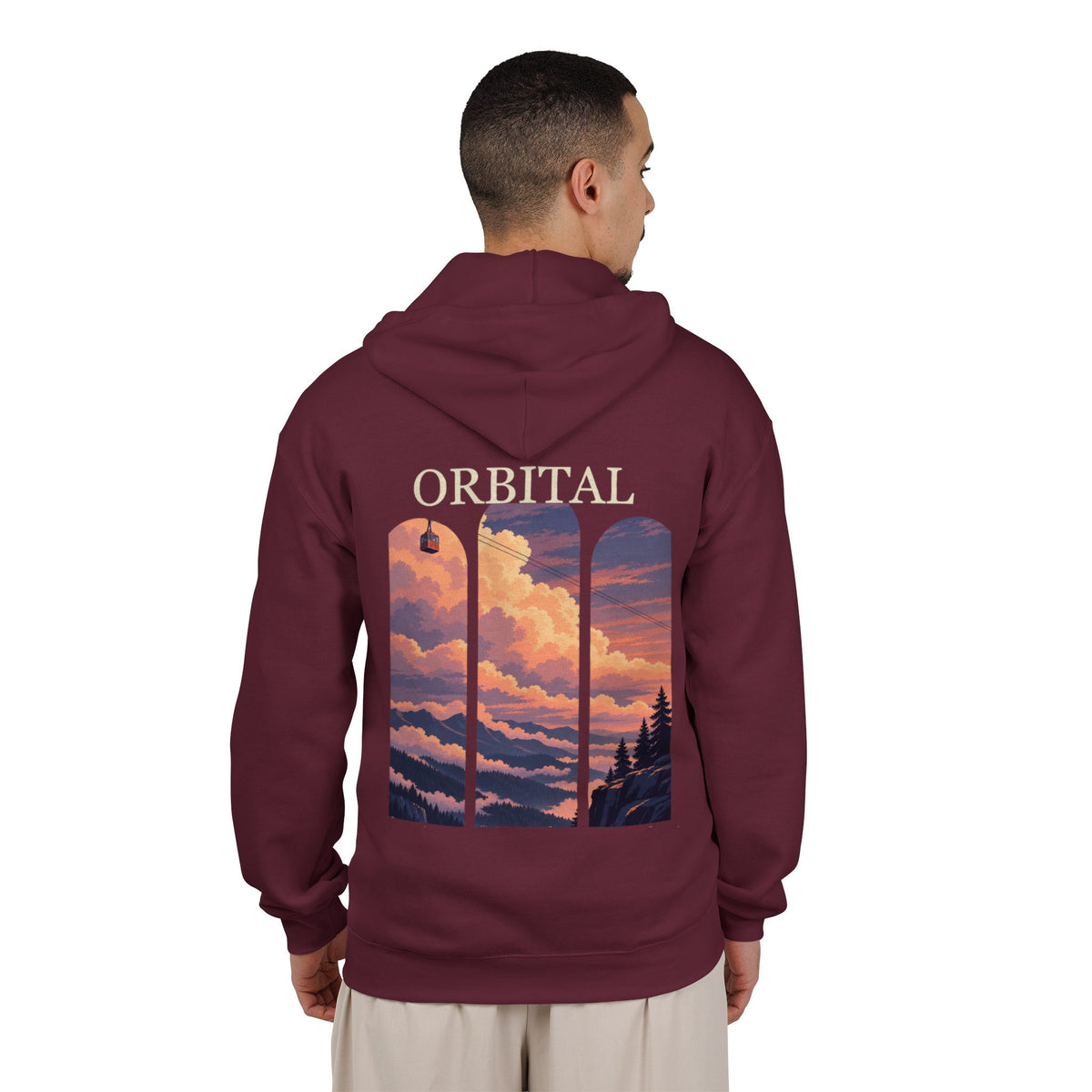 Cloud Ferry Zip Hoodie in Maroon, worn by a man seen from behind in a plain white studio, showing the large print on the back. Digital product mockup.