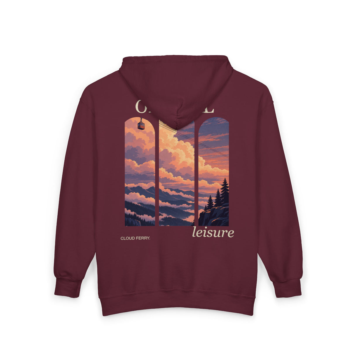 Cloud Ferry Zip Hoodie in Maroon, back view with the large illustrated print. Digital product mockup.