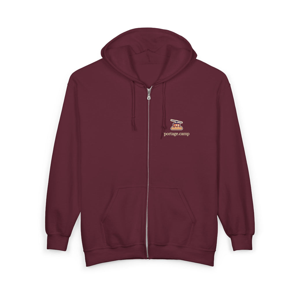 Cloud Ferry Zip Hoodie in Maroon, front view with the Cloud Ferry logo and portage.camp on the left chest. Digital product mockup.