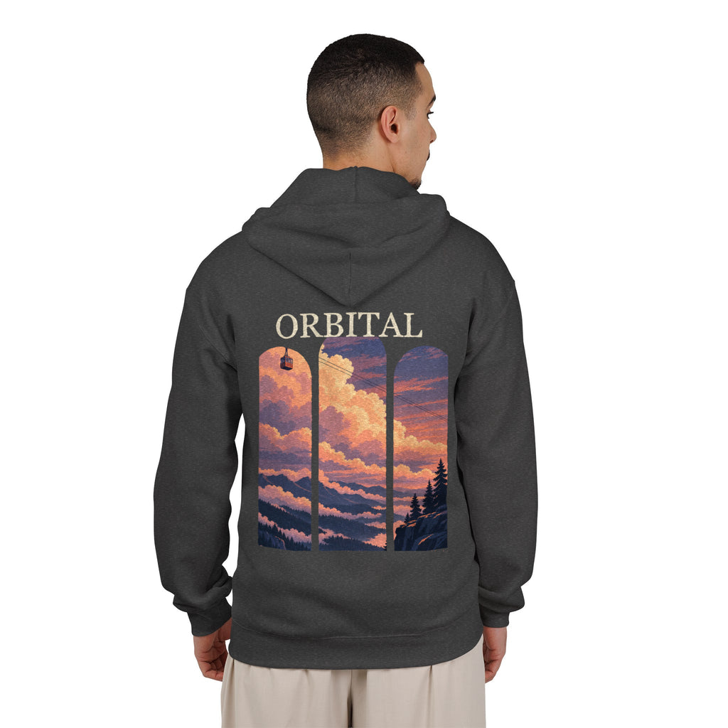 Cloud Ferry Zip Hoodie in Dark Heather, worn by a man seen from behind in a plain white studio, showing the large print on the back. Digital product mockup.