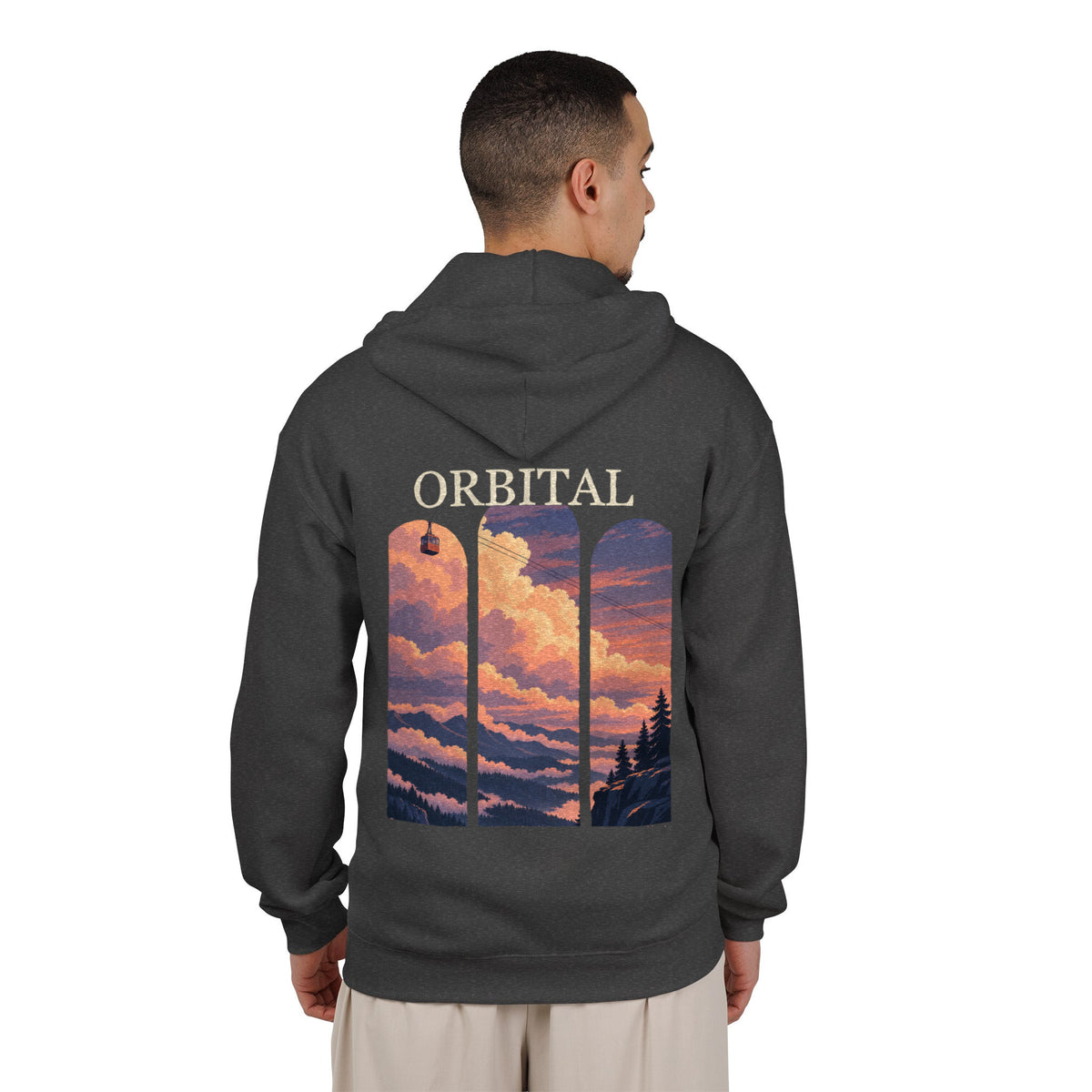 Cloud Ferry Zip Hoodie in Dark Heather, worn by a man seen from behind in a plain white studio, showing the large print on the back. Digital product mockup.