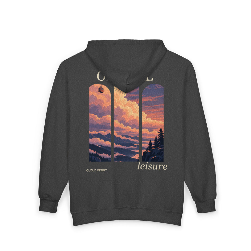 Cloud Ferry Zip Hoodie in Dark Heather, back view with the large illustrated print. Digital product mockup.