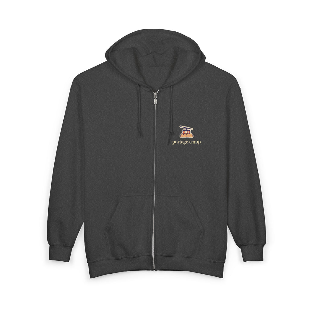 Cloud Ferry Zip Hoodie in Dark Heather, front view with the Cloud Ferry logo and portage.camp on the left chest. Digital product mockup.