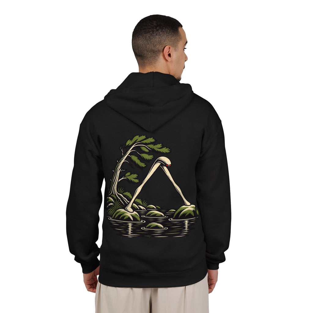 Small Hours Zip Hoodie in Black, worn by a man seen from behind in a plain white studio, showing the large print on the back. Digital product mockup.