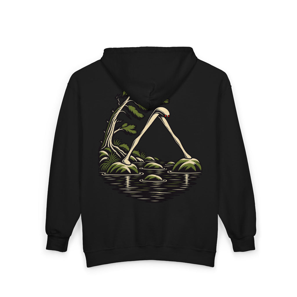 Small Hours Zip Hoodie in Black, back view with the large illustrated print. Digital product mockup.