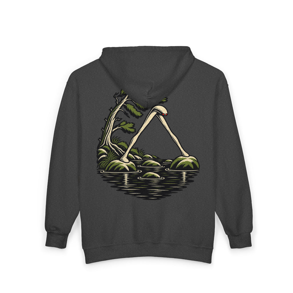 Small Hours Zip Hoodie in Dark Heather, back view with the large illustrated print. Digital product mockup.