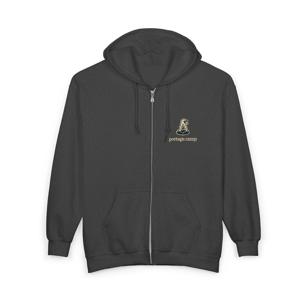Small Hours Zip Hoodie in Dark Heather, front view with the Small Hours logo and portage.camp on the left chest. Digital product mockup.