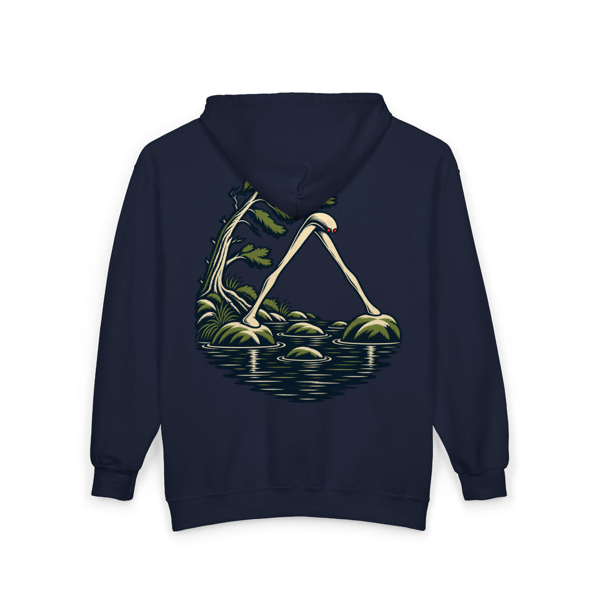 Small Hours Zip Hoodie in Navy, back view with the large illustrated print. Digital product mockup.