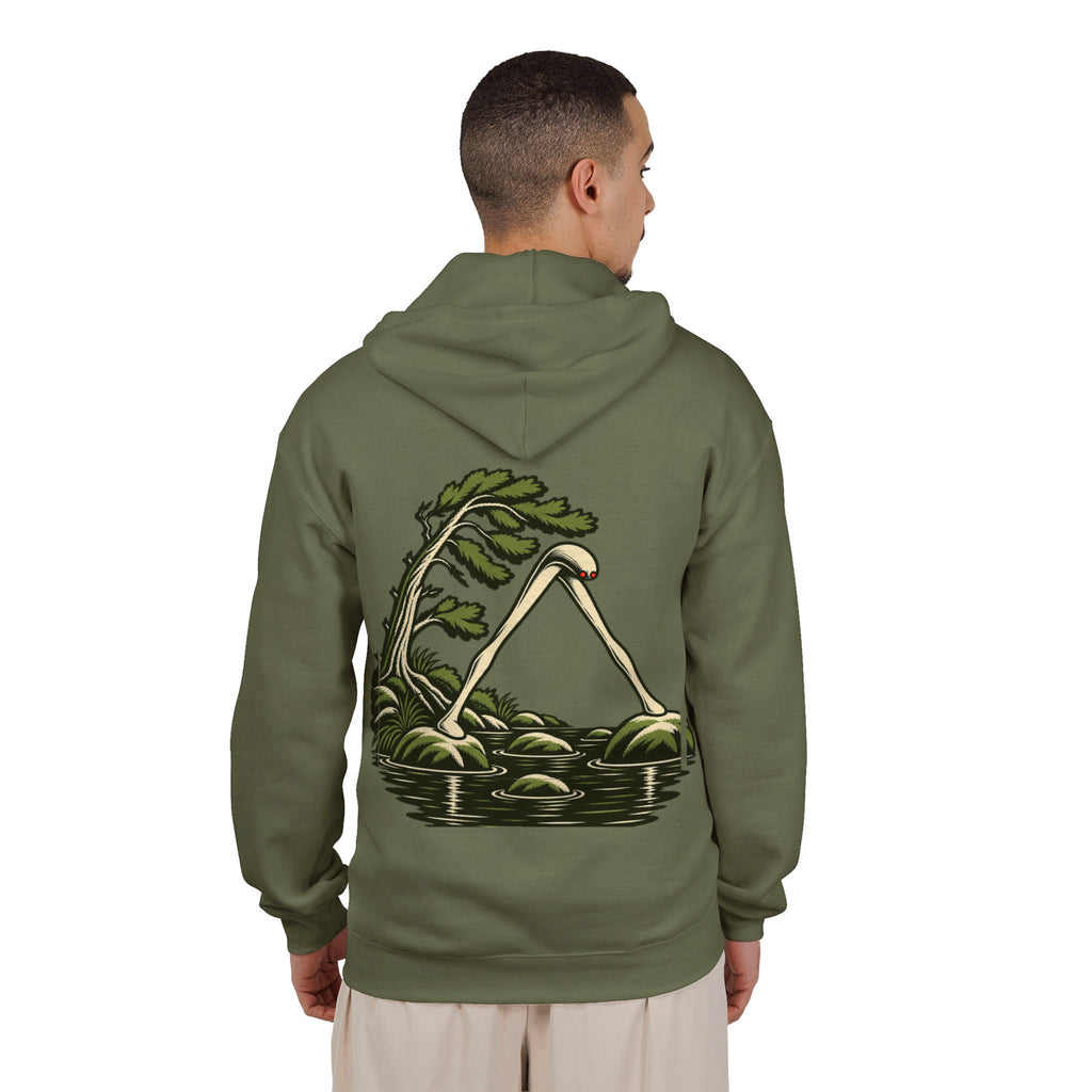 Small Hours Zip Hoodie in Military Green, worn by a man seen from behind in a plain white studio, showing the large print on the back. Digital product mockup.