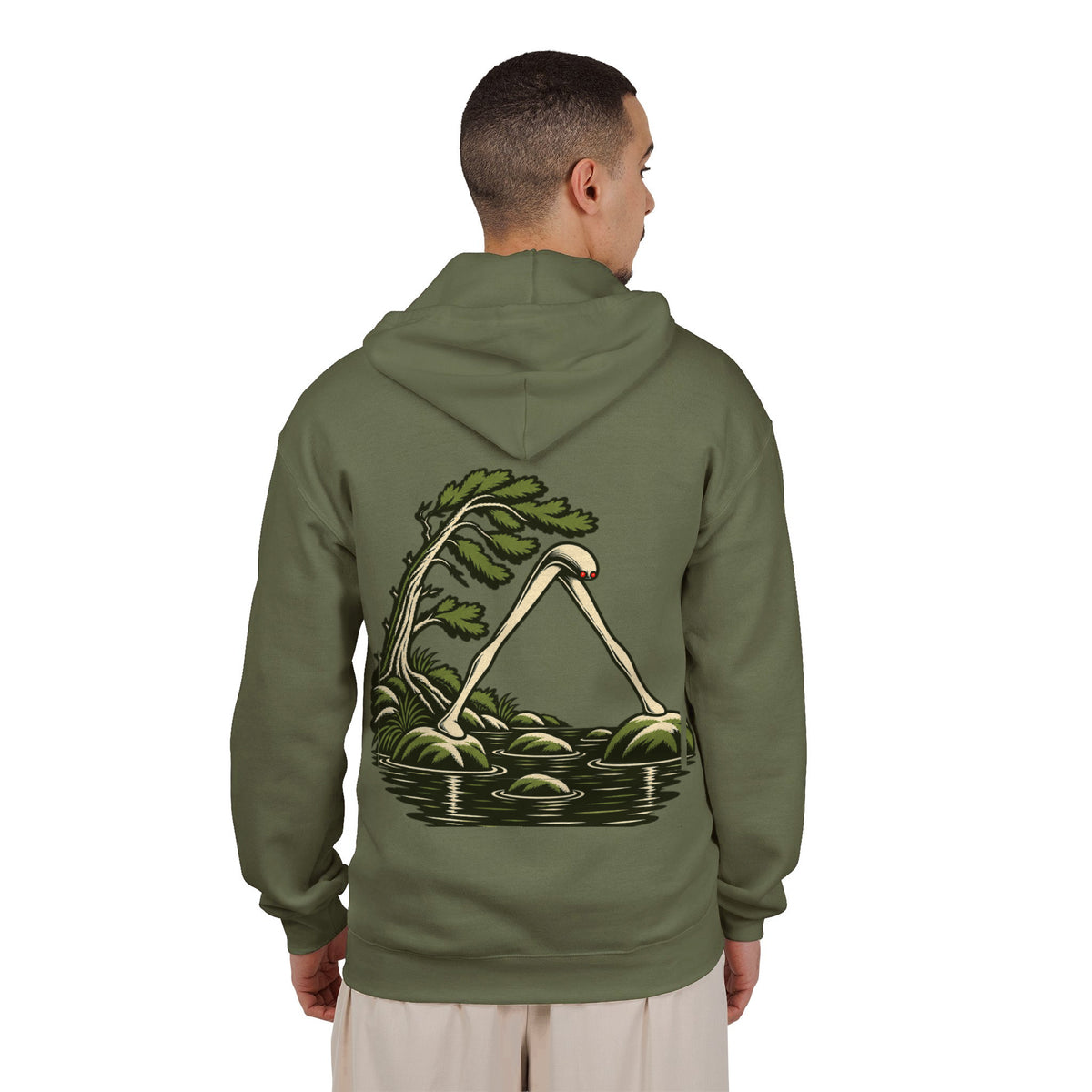 Small Hours Zip Hoodie in Military Green, worn by a man seen from behind in a plain white studio, showing the large print on the back. Digital product mockup.