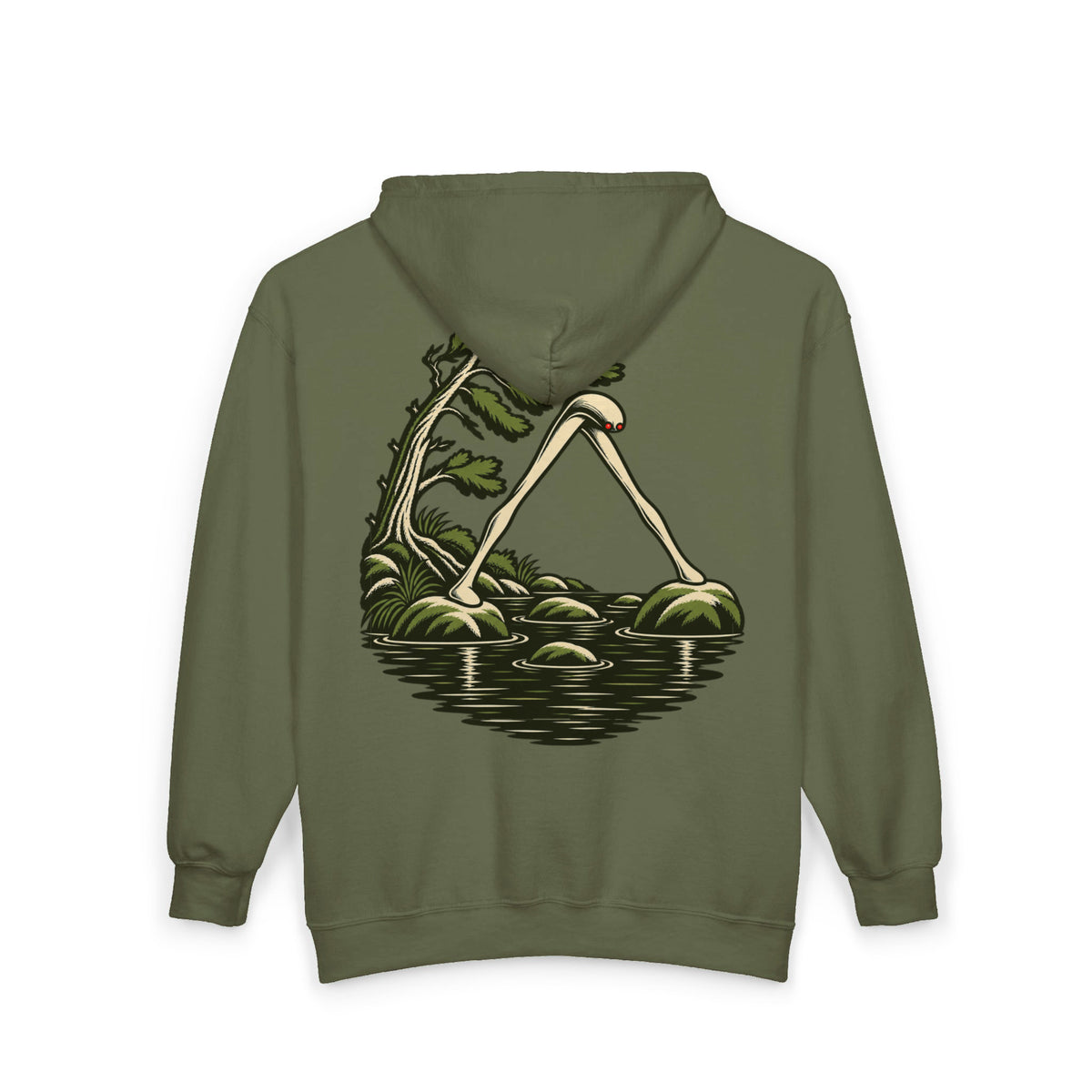 Small Hours Zip Hoodie in Military Green, back view with the large illustrated print. Digital product mockup.