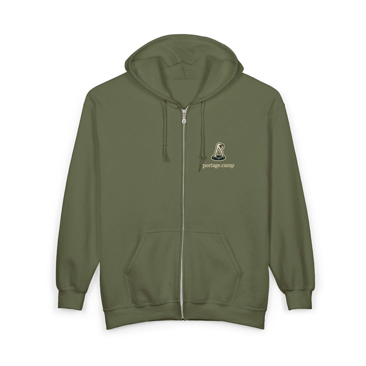 Small Hours Zip Hoodie in Military Green, front view with the Small Hours logo and portage.camp on the left chest. Digital product mockup.