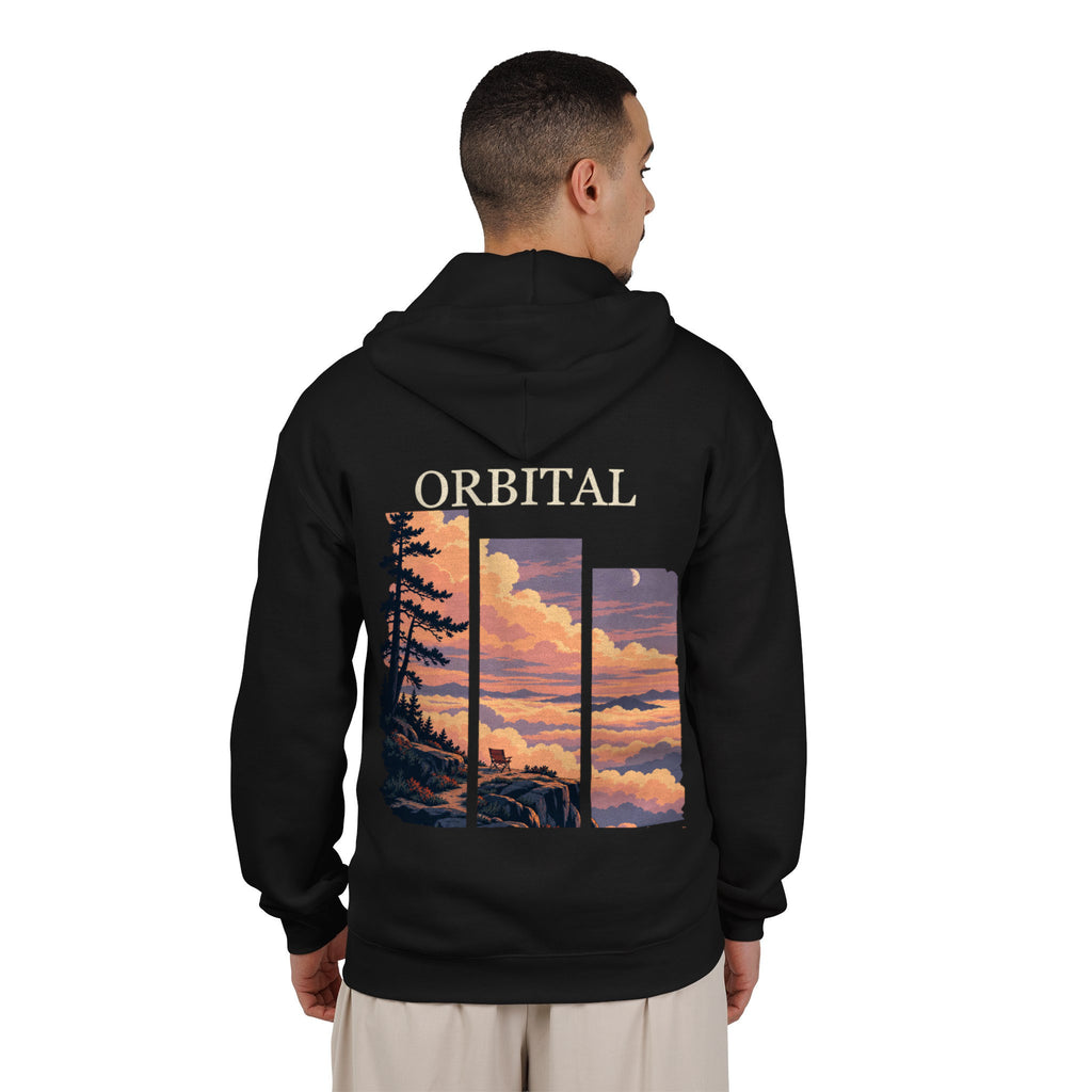 Edge of Evening Zip Hoodie in Black, worn by a man seen from behind in a plain white studio, showing the large print on the back. Digital product mockup.