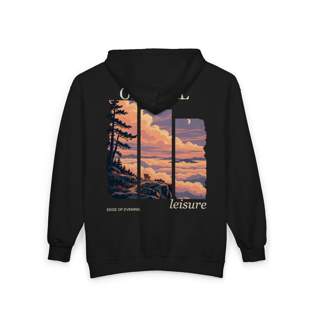 Edge of Evening Zip Hoodie in Black, back view with the large illustrated print. Digital product mockup.