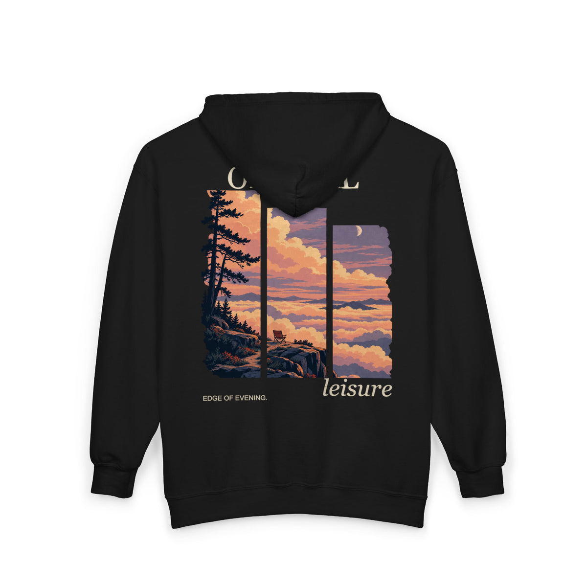 Edge of Evening Zip Hoodie in Black, back view with the large illustrated print. Digital product mockup.
