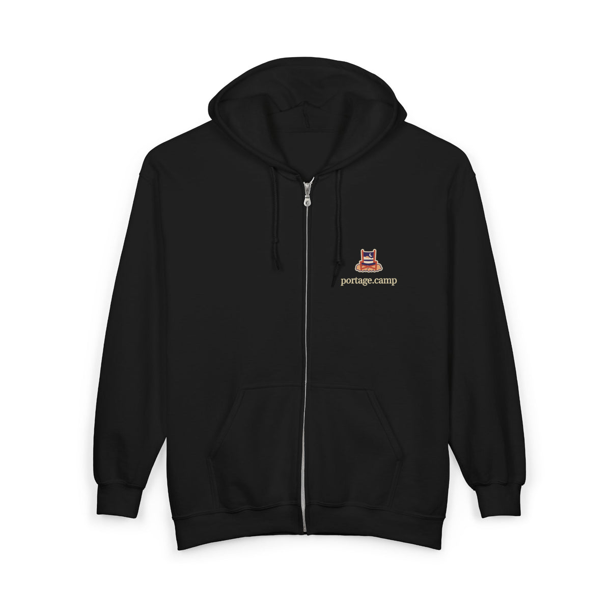 Edge of Evening Zip Hoodie in Black, front view with the Edge of Evening logo and portage.camp on the left chest. Digital product mockup.