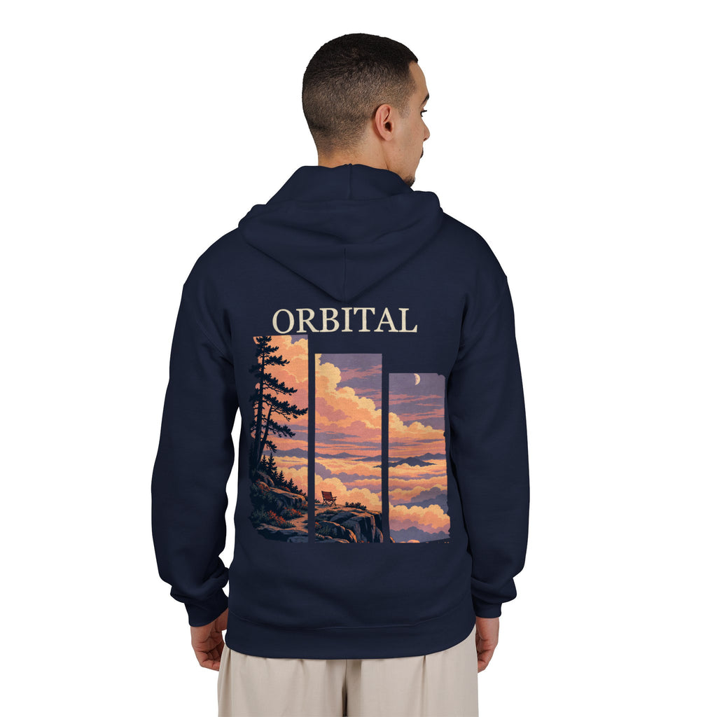 Edge of Evening Zip Hoodie in Navy, worn by a man seen from behind in a plain white studio, showing the large print on the back. Digital product mockup.