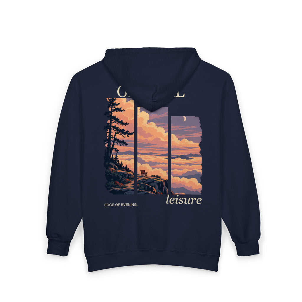 Edge of Evening Zip Hoodie in Navy, back view with the large illustrated print. Digital product mockup.
