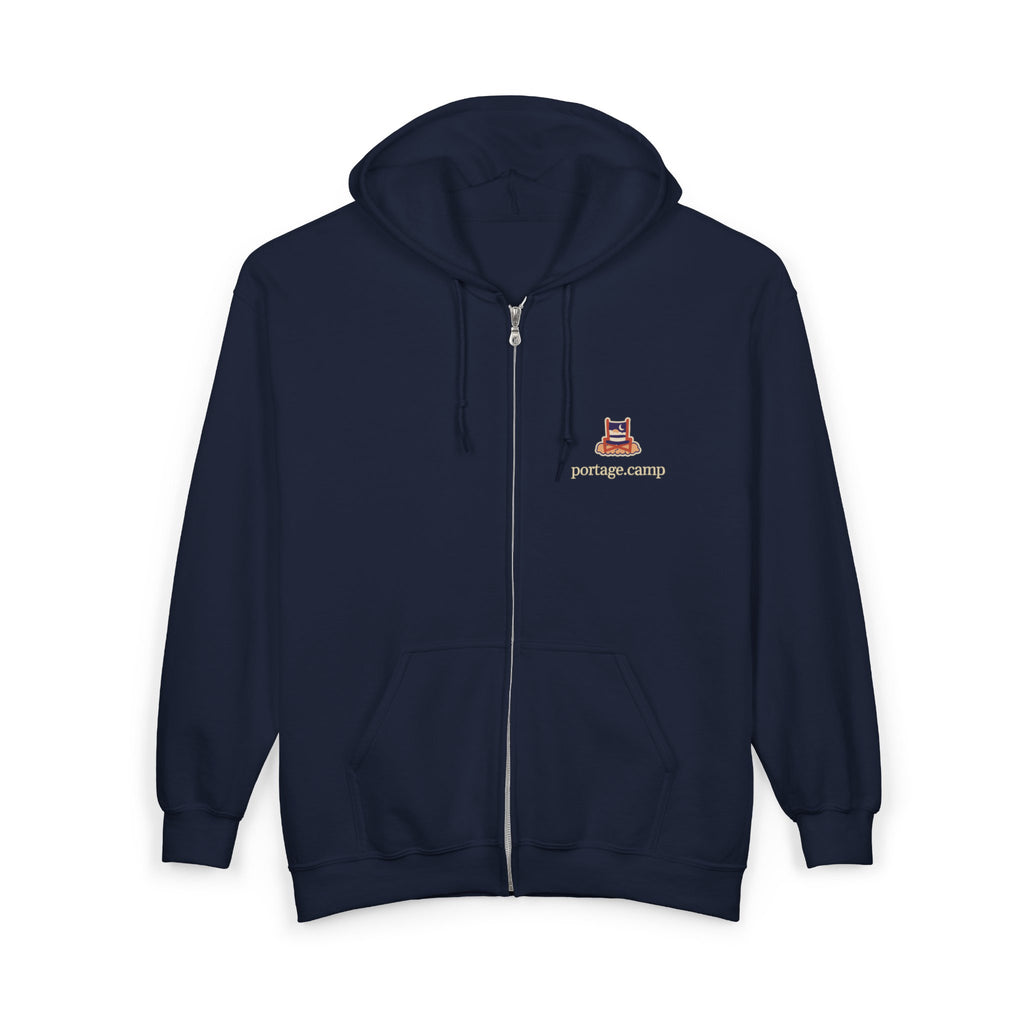Edge of Evening Zip Hoodie in Navy, front view with the Edge of Evening logo and portage.camp on the left chest. Digital product mockup.