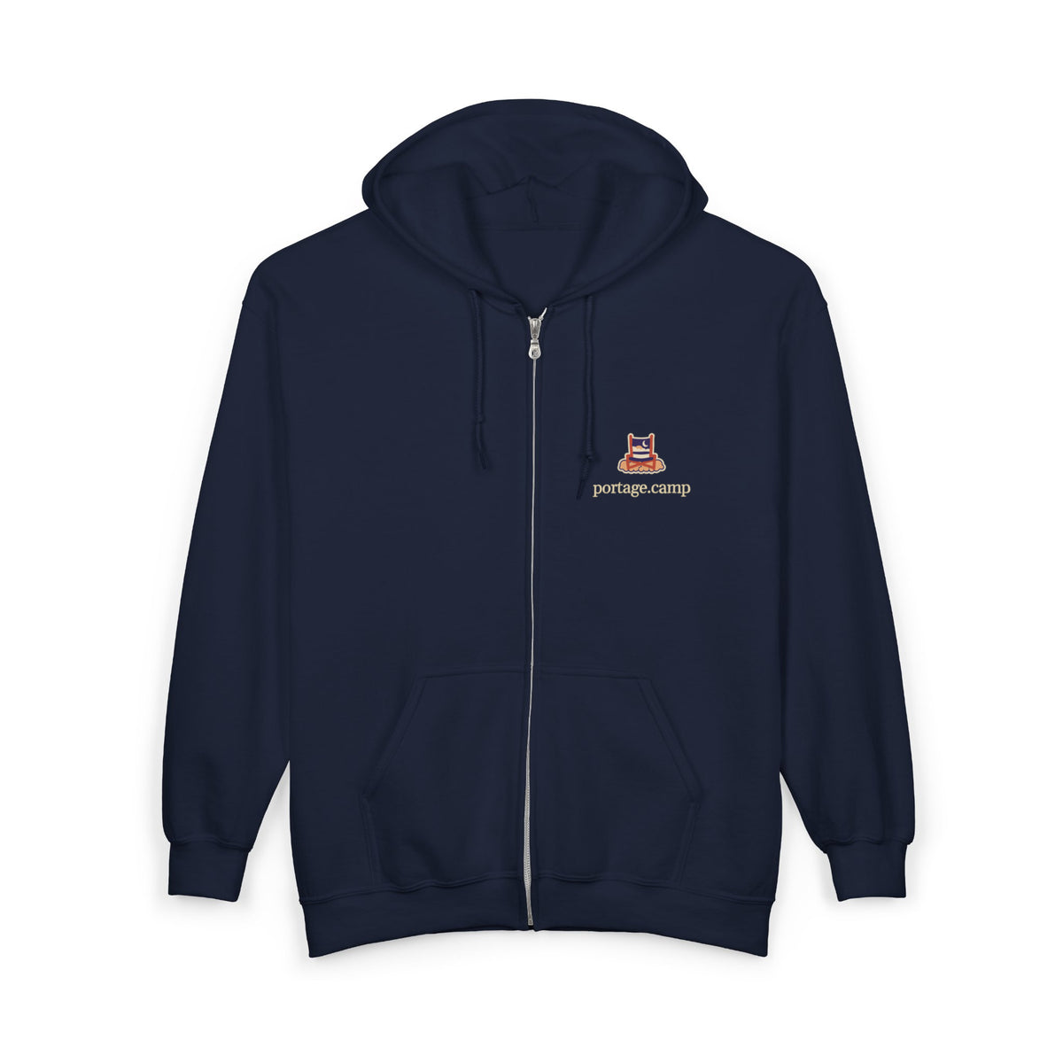 Edge of Evening Zip Hoodie in Navy, front view with the Edge of Evening logo and portage.camp on the left chest. Digital product mockup.