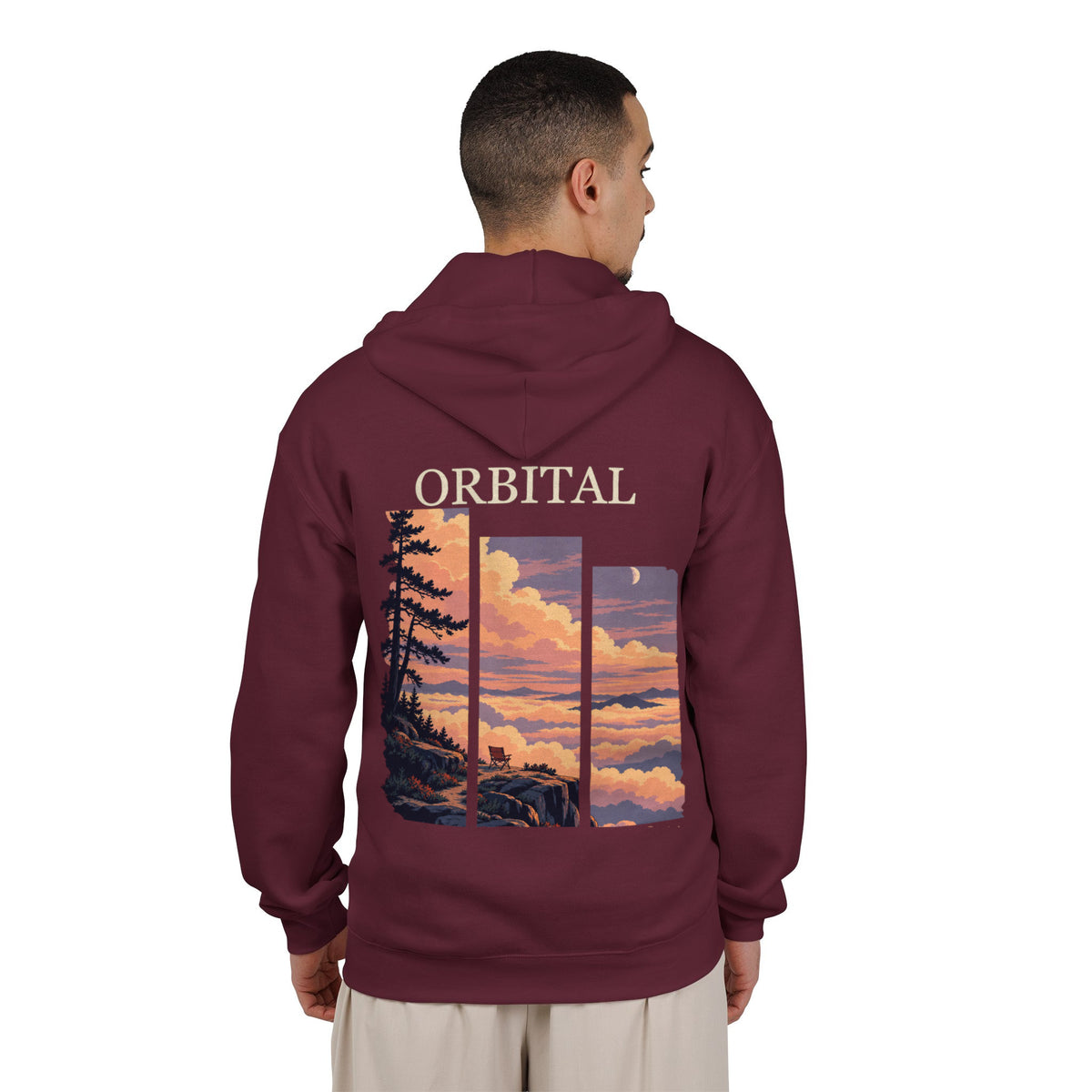 Edge of Evening Zip Hoodie in Maroon, worn by a man seen from behind in a plain white studio, showing the large print on the back. Digital product mockup.