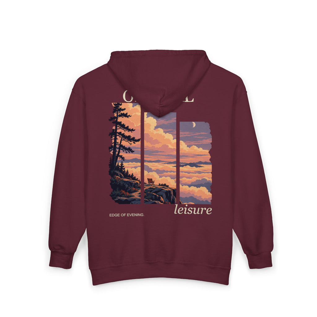 Edge of Evening Zip Hoodie in Maroon, back view with the large illustrated print. Digital product mockup.