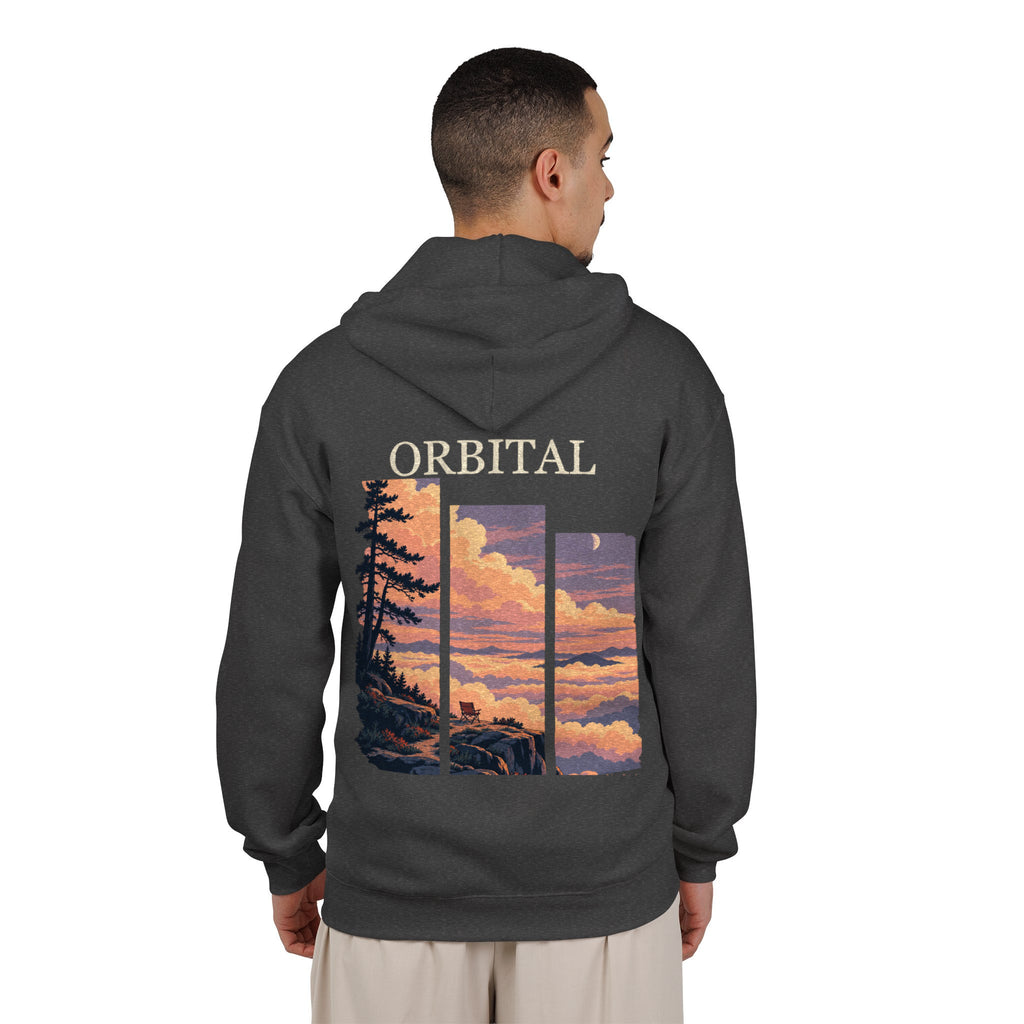 Edge of Evening Zip Hoodie in Dark Heather, worn by a man seen from behind in a plain white studio, showing the large print on the back. Digital product mockup.