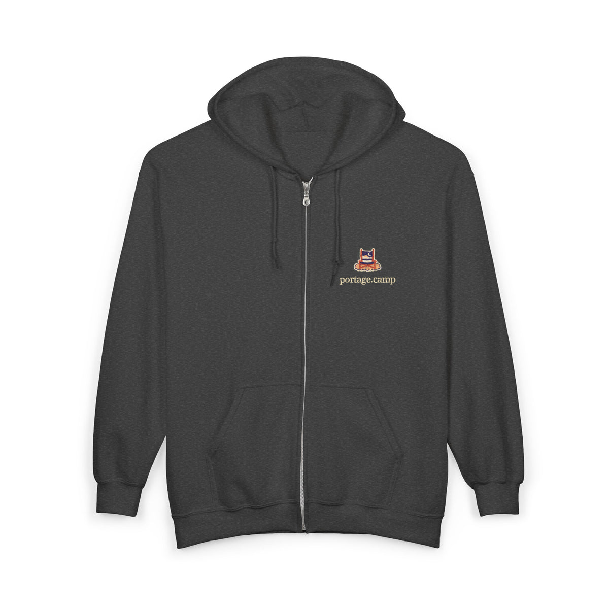 Edge of Evening Zip Hoodie in Dark Heather, front view with the Edge of Evening logo and portage.camp on the left chest. Digital product mockup.