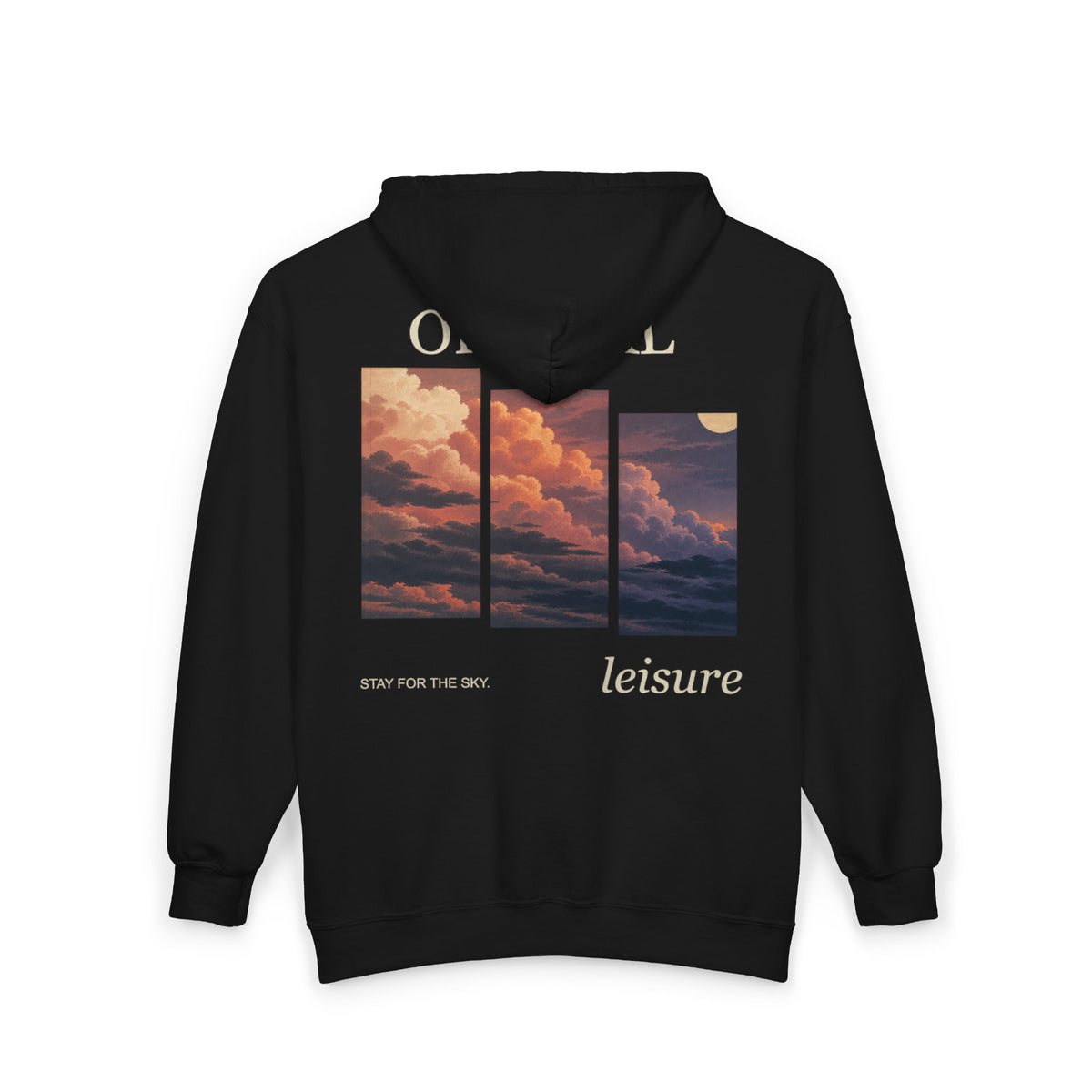 Stay for the Sky Zip Hoodie in Black, back view with the large illustrated print. Digital product mockup.