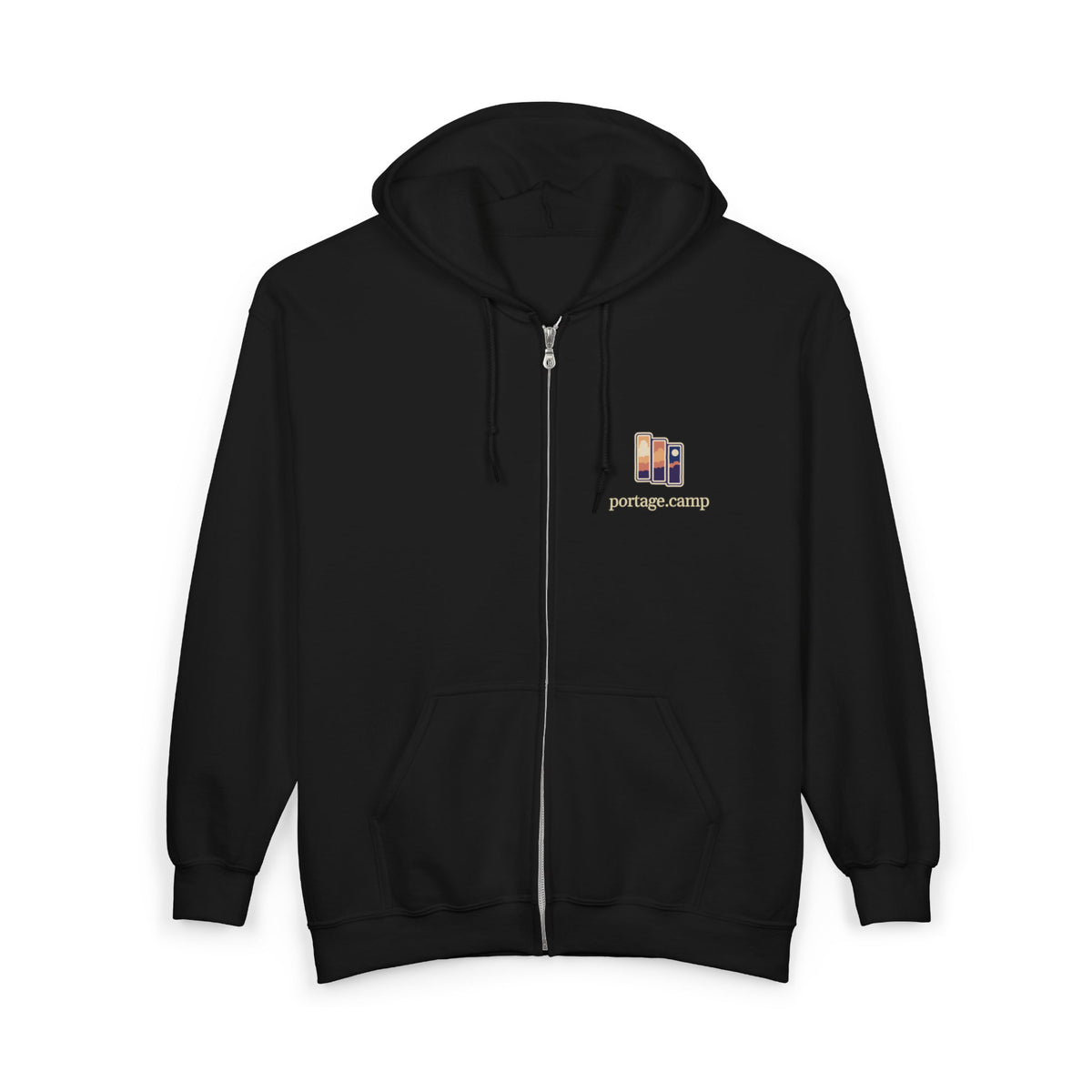 Stay for the Sky Zip Hoodie in Black, front view with the Stay for the Sky logo and portage.camp on the left chest. Digital product mockup.