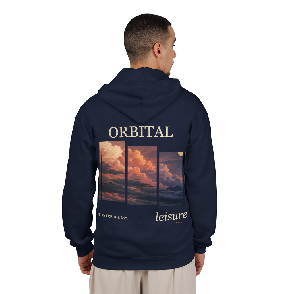 Stay for the Sky Zip Hoodie in Navy, worn by a man seen from behind in a plain white studio, showing the large print on the back. Digital product mockup.