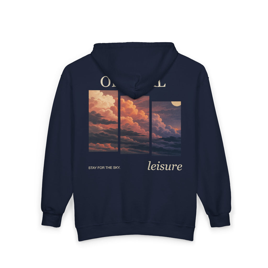 Stay for the Sky Zip Hoodie in Navy, back view with the large illustrated print. Digital product mockup.