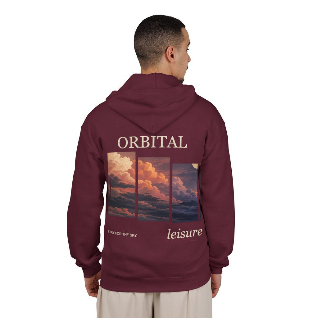 Stay for the Sky Zip Hoodie in Maroon, worn by a man seen from behind in a plain white studio, showing the large print on the back. Digital product mockup.