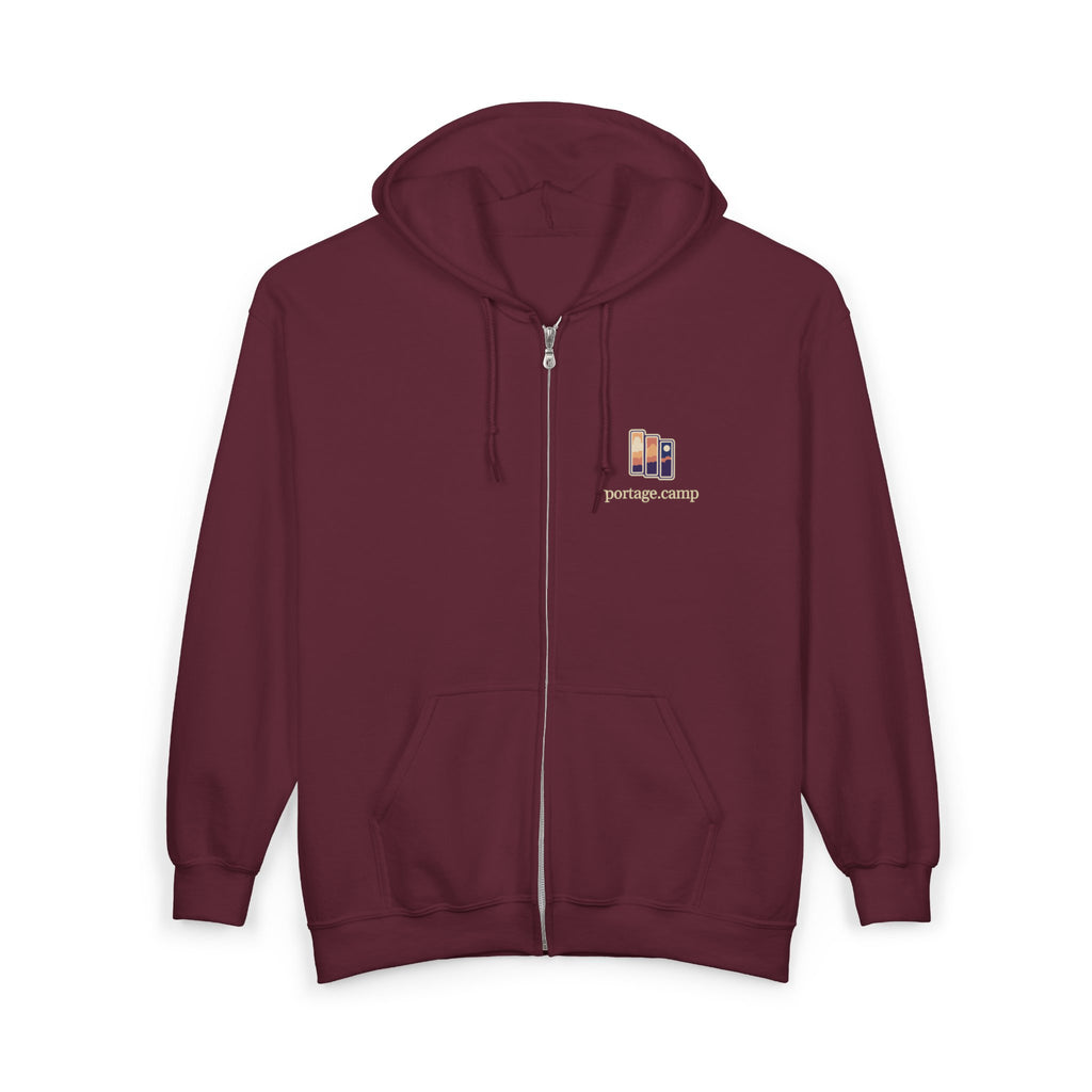 Stay for the Sky Zip Hoodie in Maroon, front view with the Stay for the Sky logo and portage.camp on the left chest. Digital product mockup.