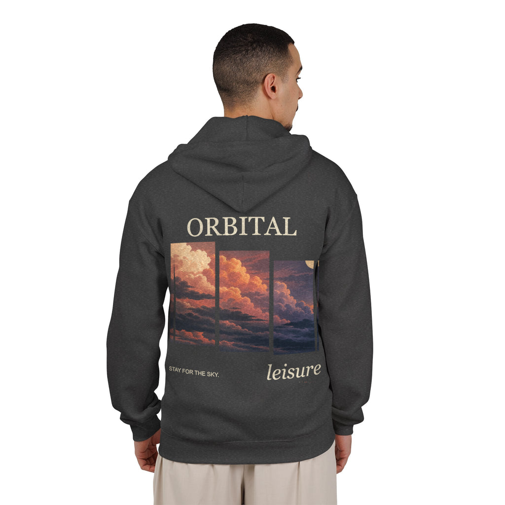 Stay for the Sky Zip Hoodie in Dark Heather, worn by a man seen from behind in a plain white studio, showing the large print on the back. Digital product mockup.