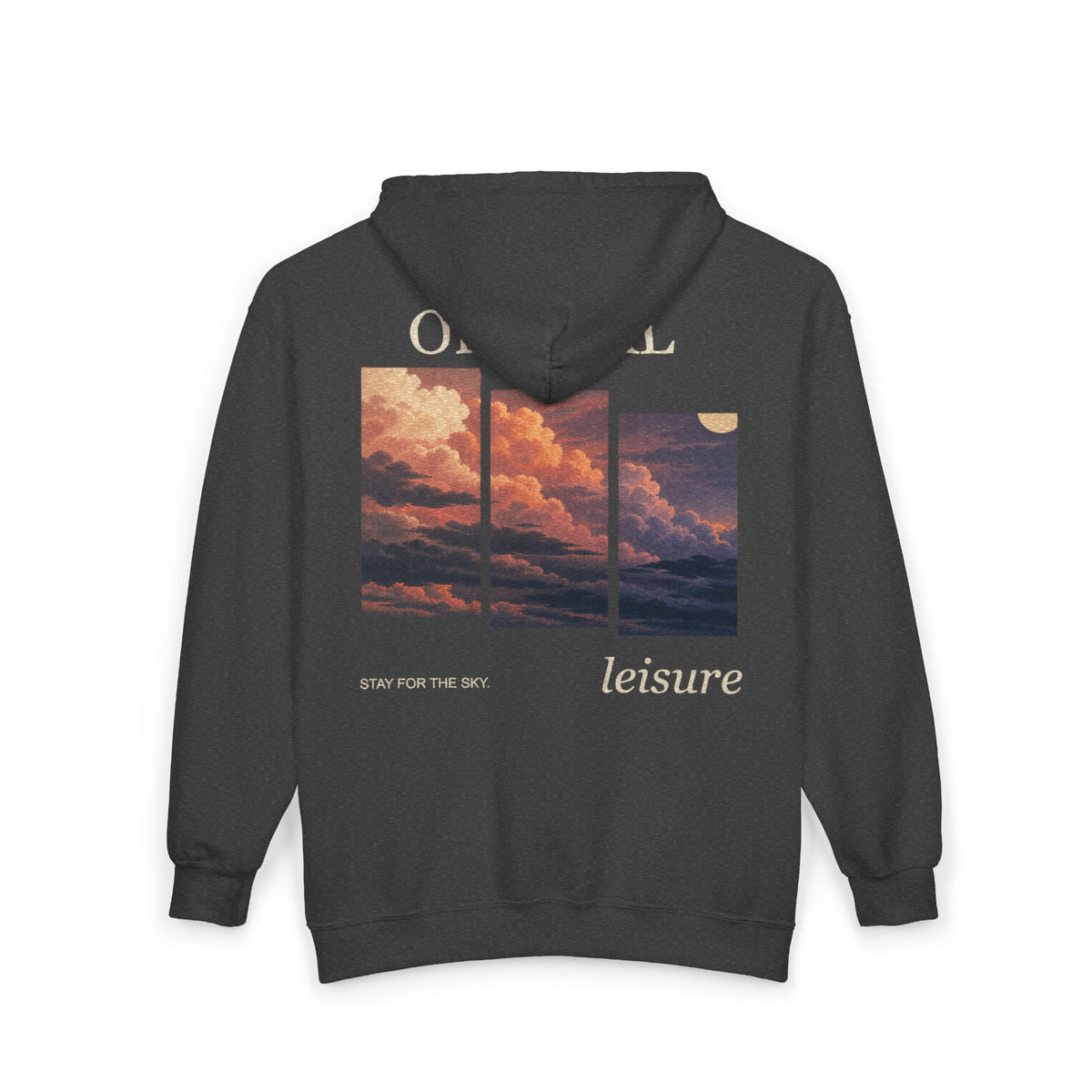 Stay for the Sky Zip Hoodie in Dark Heather, back view with the large illustrated print. Digital product mockup.
