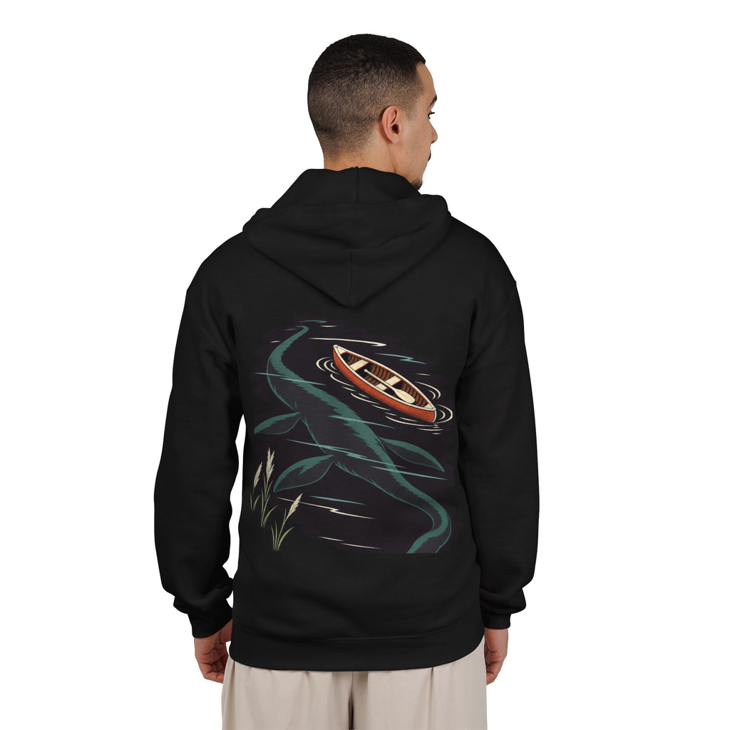 Seen Briefly Zip Hoodie in Black, worn by a man seen from behind in a plain white studio, showing the large print on the back. Digital product mockup.