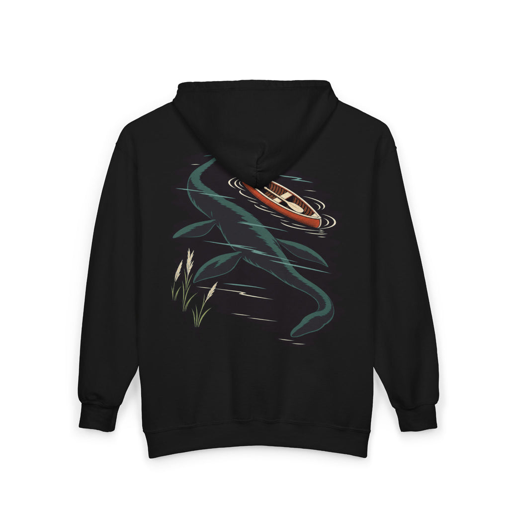 Seen Briefly Zip Hoodie in Black, back view with the large illustrated print. Digital product mockup.