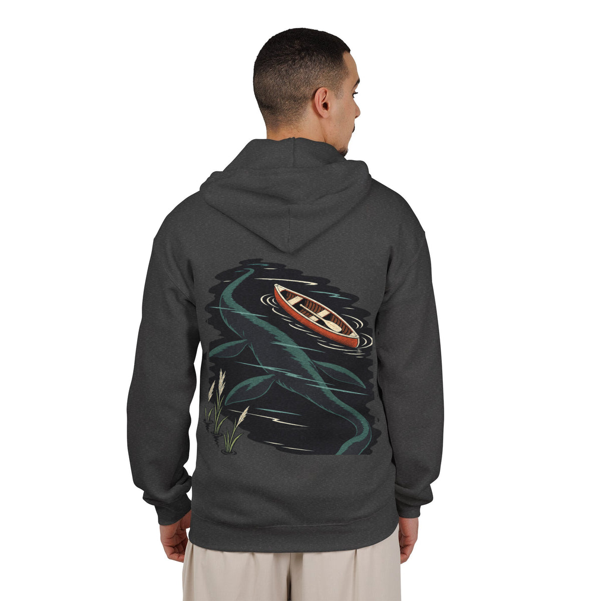 Seen Briefly Zip Hoodie in Dark Heather, worn by a man seen from behind in a plain white studio, showing the large print on the back. Digital product mockup.